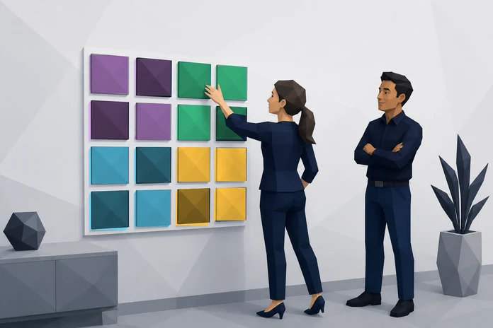 Two colleagues in front of a wall grid of sixteen types