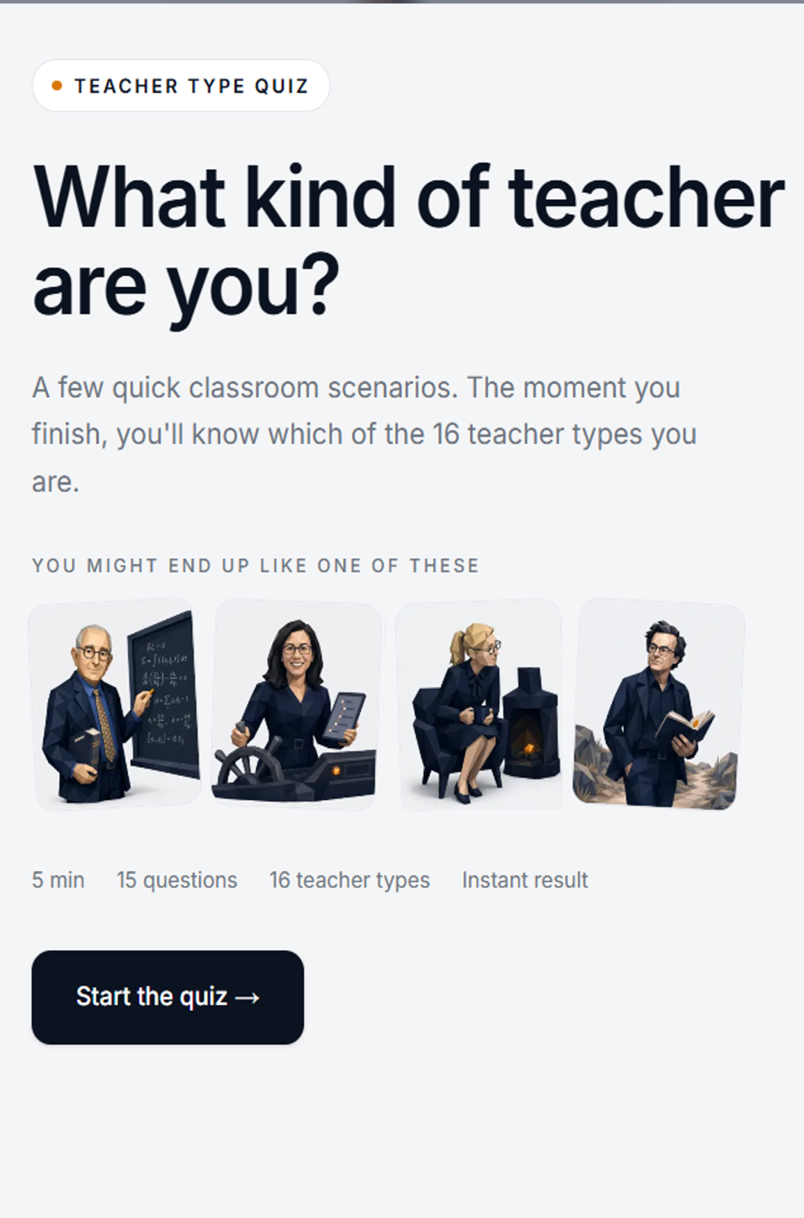 Quiz start screen on a phone: What kind of teacher are you?