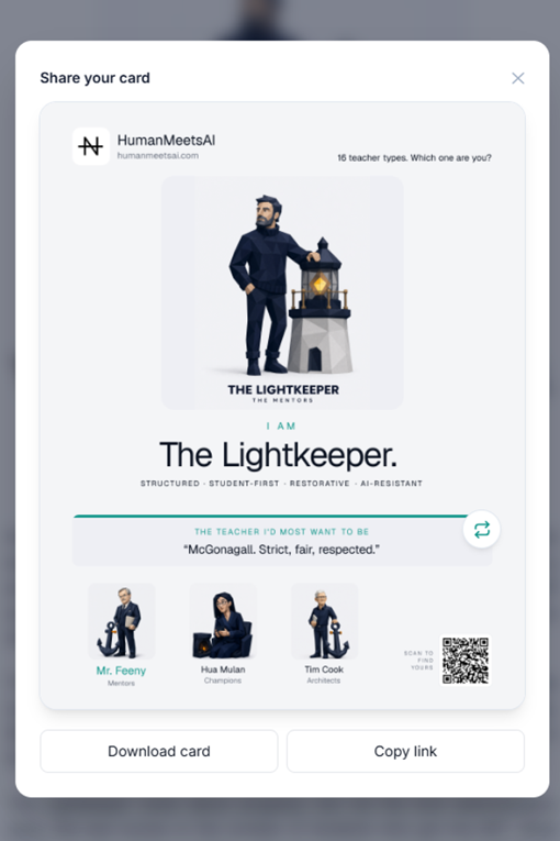 Share screen on a phone: a result card with character art, a QR code, download and copy link buttons